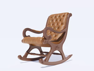 Classic Brown Leather Rocking Chair With Tufted Design And Wooden Frame 3d model
