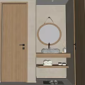 Modern Bathroom Interior With Round Wooden Mirror Stone Sink Shelves And Decorative Items