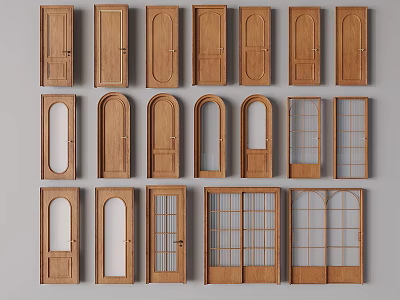 Wooden Hinged Doors With Various Styles Glass Inserts And Arch Designs 3d model
