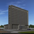 Modern Office Building Exterior with Large Windows Entrance Surrounding Trees and Parking Area
