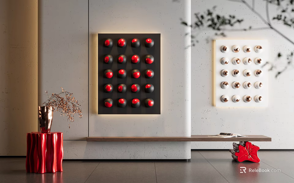 Modern Display Shelves Showcasing Red Black Balls And White Decorative Items Indoors 3d model 