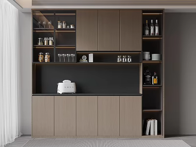 Modern Kitchen Interior With Wooden Cabinets Black Countertop Coffee Machine And Storage Shelves 3d model