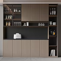 Modern Kitchen Interior With Wooden Cabinets Black Countertop Coffee Machine And Storage Shelves
