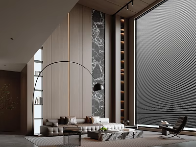 Modern Duplex Living Room Interior With Large Window Decorative Wall Sofa And Coffee Table 3d model