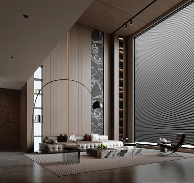 Modern Duplex Living Room Interior With Large Window Decorative Wall Sofa And Coffee Table 3d model