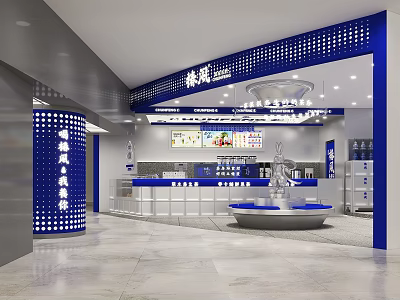 Modern Milk Tea Shop Interior With Blue Counter Menu Board And Fountain 3d model