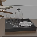 Modern Home Decor Black Tray With Clear Glass Bottle Cups White Spiral Plate And Chair
