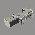 Modern Kitchen Bar Counter With White Top Black Vertical Stripes And Brown Bar Stools 3d model