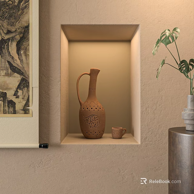 Decorative Ceramic Vessels In Lit Wall Niche With Small Cup And Plant 3d model 