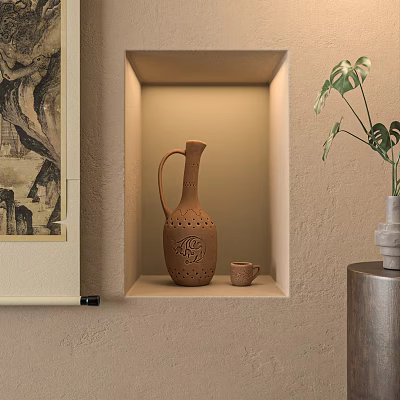 Decorative Ceramic Vessels In Lit Wall Niche With Small Cup And Plant 3d model