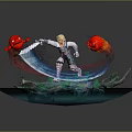 Game Movie Character Blonde Armored Battling Red Orange Creatures On Blue Flowing Water Platform