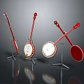 Red Banjos In Various Styles Displayed On Stands With Gray Background