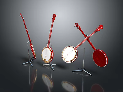Red Banjos In Various Styles Displayed On Stands With Gray Background 3d model