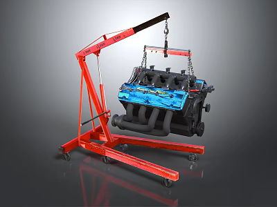 Red Engine Hoist Lifting Blue Automotive Engine With Portable Wheels And Stable Base 3d model