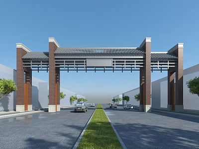 Chinese Traditional Archway with Road Green Belt Trees and Cars Under Blue Sky 3d model