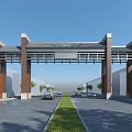 Chinese Traditional Archway with Road Green Belt Trees and Cars Under Blue Sky