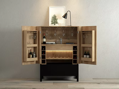 Modern Wooden Wine Cabinet With Open Doors Wine Glass Racks And Bottle Storage 3d model