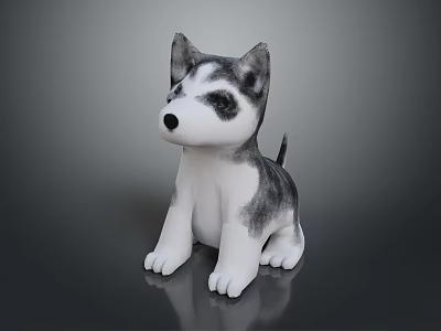3D Model Husky Puppy With Gray White Fur Sitting Pose And Erect Ears Shiny Surface 3d model