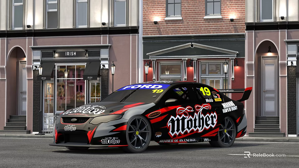 Black And Red Ford Race Car With Mother Sponsor Logo On City Street 3d model 