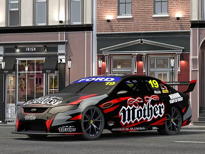 Black And Red Ford Race Car With Mother Sponsor Logo On City Street 3d model