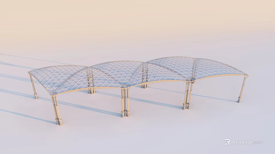 Modern Pergola Structure With Arched Grid Metal Roof And Supporting Columns 3d model 