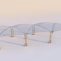 Modern Pergola Structure With Arched Grid Metal Roof And Supporting Columns