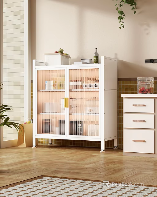 White Storage Cabinet with Glass Doors Holding Containers Bottles Near Plant Tiled Wall Wooden Floor 3d model 