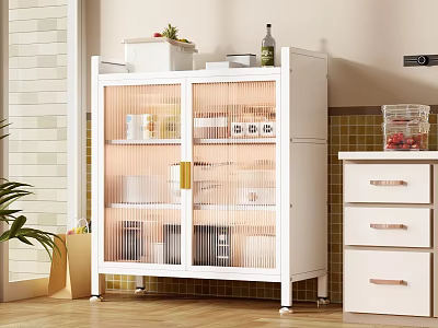 White Storage Cabinet with Glass Doors Holding Containers Bottles Near Plant Tiled Wall Wooden Floor 3d model