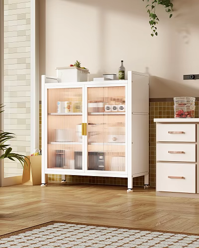 White Storage Cabinet with Glass Doors Holding Containers Bottles Near Plant Tiled Wall Wooden Floor 3d model