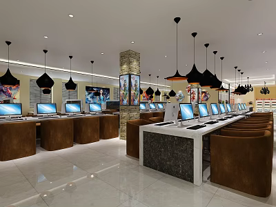 Modern Internet Cafe Spacious Interior With Computers Brown Seats Pendant Lights And Stone Countertops 3d model