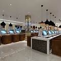 Modern Internet Cafe Spacious Interior With Computers Brown Seats Pendant Lights And Stone Countertops