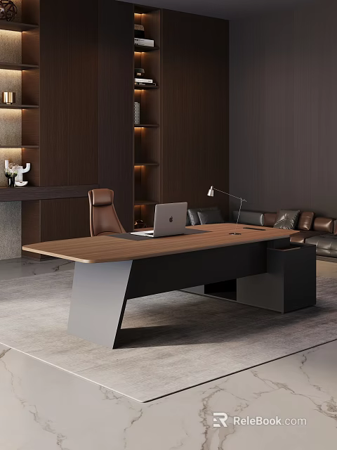 Modern Office Desk With Wooden Top Laptop Desk Lamp And Dark Wooden Bookshelves 3d model 