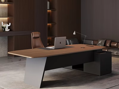 Modern Office Desk With Wooden Top Laptop Desk Lamp And Dark Wooden Bookshelves 3d model
