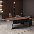 Modern Office Desk With Wooden Top Laptop Desk Lamp And Dark Wooden Bookshelves