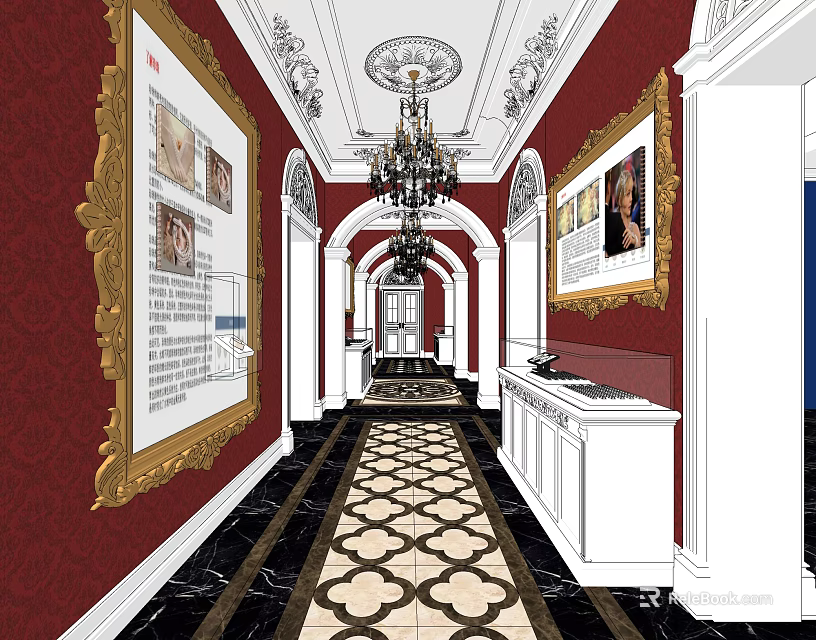 Elevator Hallway With Red Walls Gold Framed Paintings Chandelier And Black White Patterned Flooring 3d model 