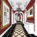 Elevator Hallway With Red Walls Gold Framed Paintings Chandelier And Black White Patterned Flooring