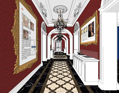 Elevator Hallway With Red Walls Gold Framed Paintings Chandelier And Black White Patterned Flooring 3d model