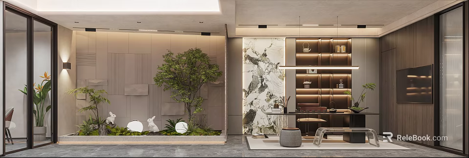 Modern Tea Room Interior With Greenery Art Wall And Shelves 3d model 