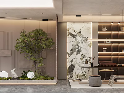 Modern Tea Room Interior With Greenery Art Wall And Shelves 3d model