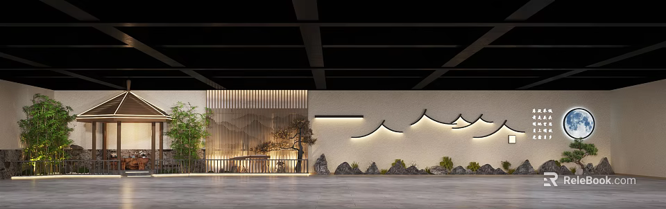 Oriental Themed Interior Space With Wooden Lattice Mountain Lighting And Rockery 3d model 