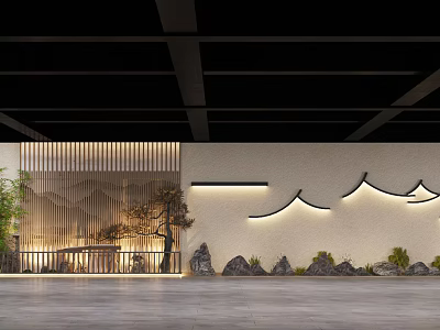 Oriental Themed Interior Space With Wooden Lattice Mountain Lighting And Rockery 3d model