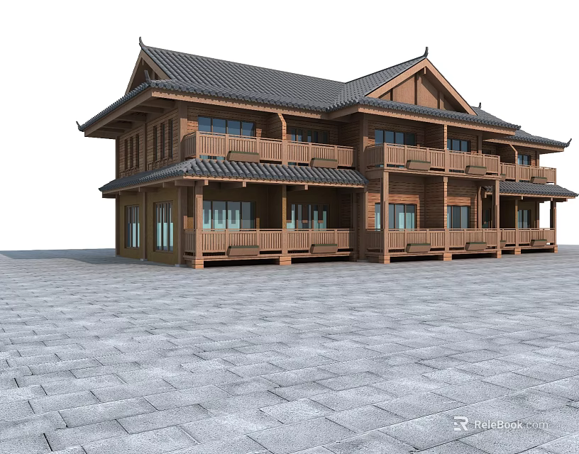 Ancient Chinese Wooden Architecture Two Story Structure With Black Tiled Roof And Balconies 3d model 