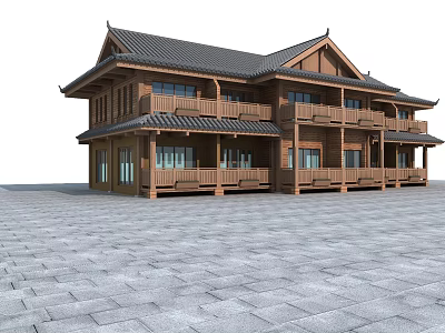 Ancient Chinese Wooden Architecture Two Story Structure With Black Tiled Roof And Balconies 3d model