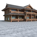 Ancient Chinese Wooden Architecture Two Story Structure With Black Tiled Roof And Balconies