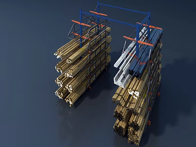 Industrial Material Storage Rack With Wooden Beams And Metal Bars On Shelves 3d model