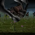 Beautiful Scenery Of Vast Grassland With Herd Of Running Horses Distant Mountains And Cloudy Sky