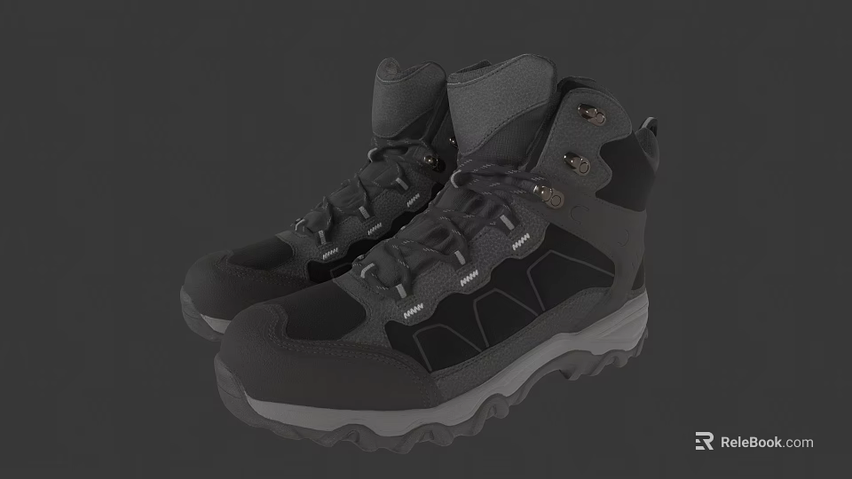 Black High Top Outdoor Hiking Shoes With Durable Traction Sole And Laces 3d model 