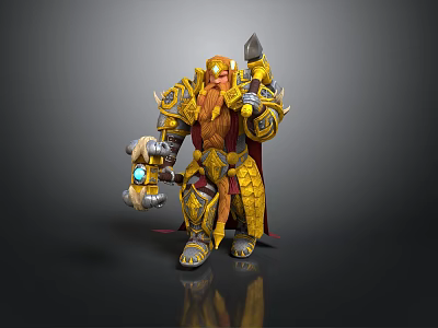 Mythical Man In Golden Decorative Armor With Long Beard Holding Hammer And Blue Gem 3d model