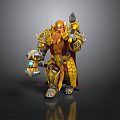 Mythical Man In Golden Decorative Armor With Long Beard Holding Hammer And Blue Gem