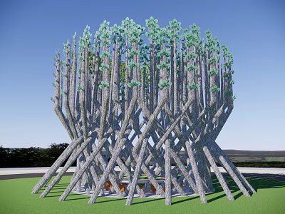 Outdoor Table And Chair Set Under Interlaced Branches Structure With Green Leaves 3d model